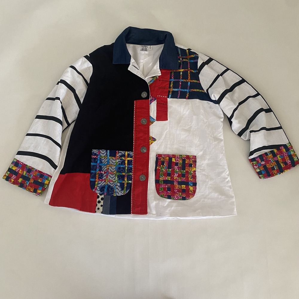Parsley & Sage Sz 1X Long Sleeve Black White Jacket Patchwork Colorful EC Lined